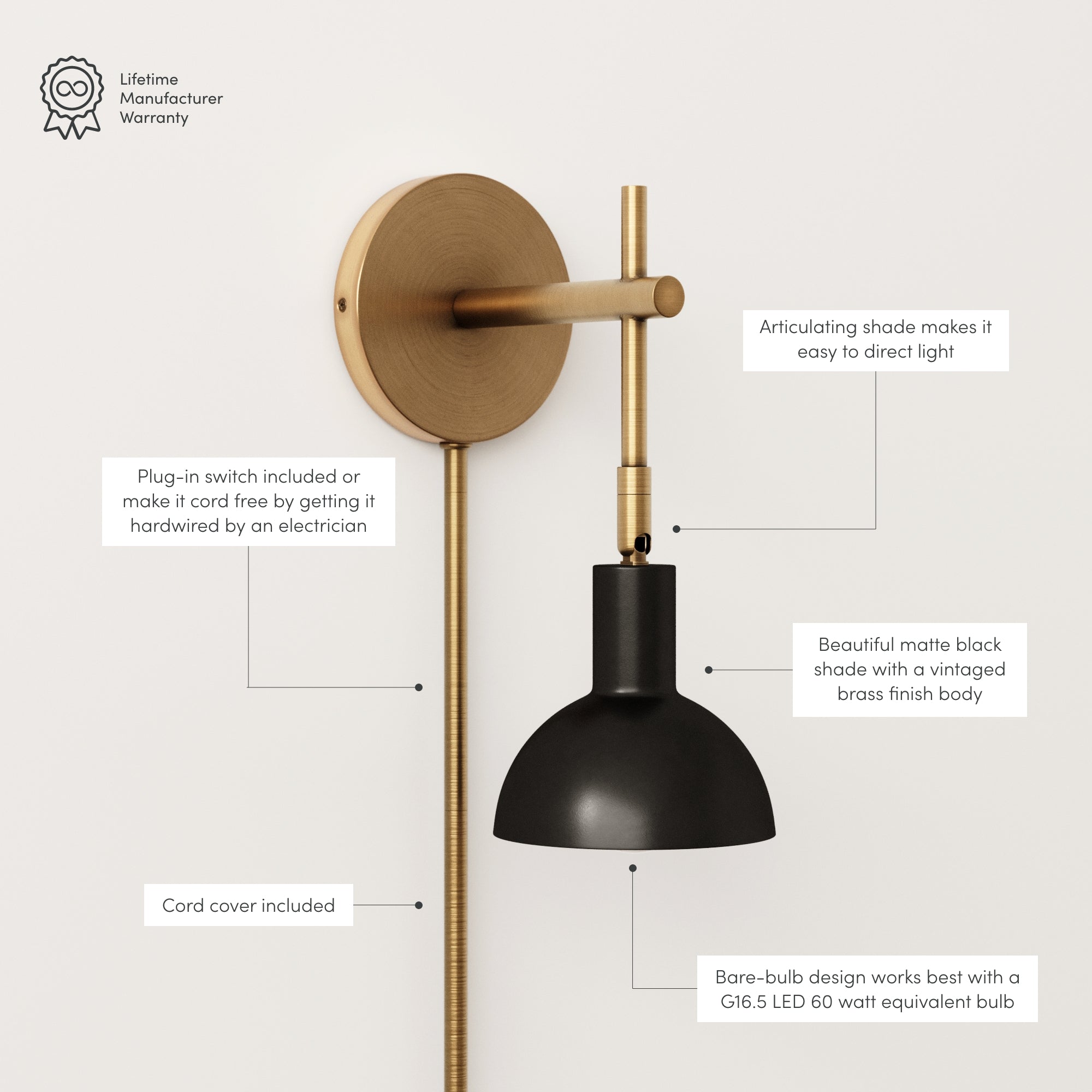 Plug-In Adjustable Metal Wall Light Black Brass