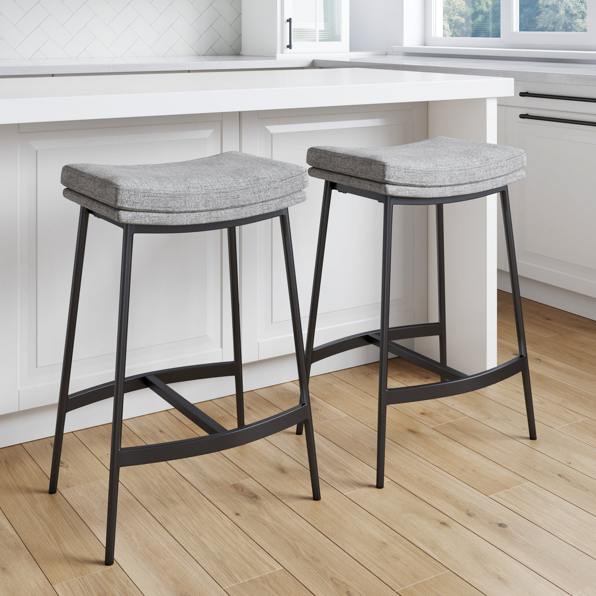 Upholstered Counter Height Saddle Bar Stools Gray (Set of 2)
