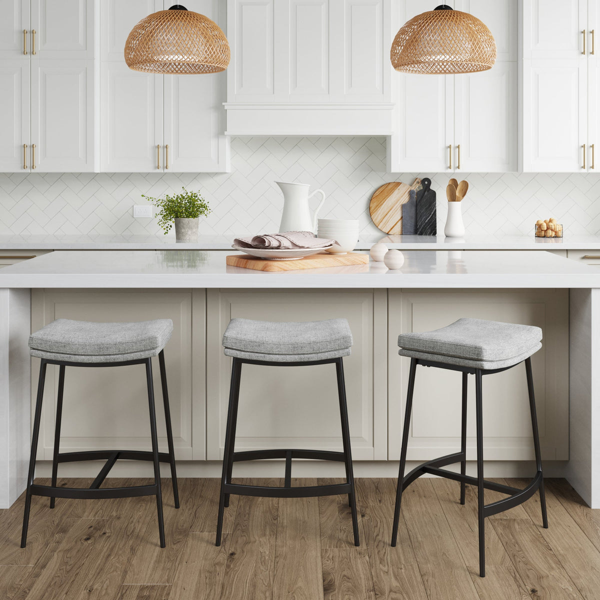 Upholstered Counter Height Saddle Bar Stools Gray (Set of 3)