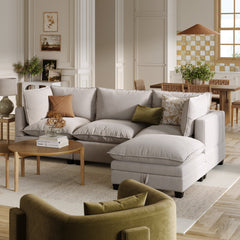 Soft Fabric 3-Seat Cloud Sofa Couch & Storage Ottoman Gray