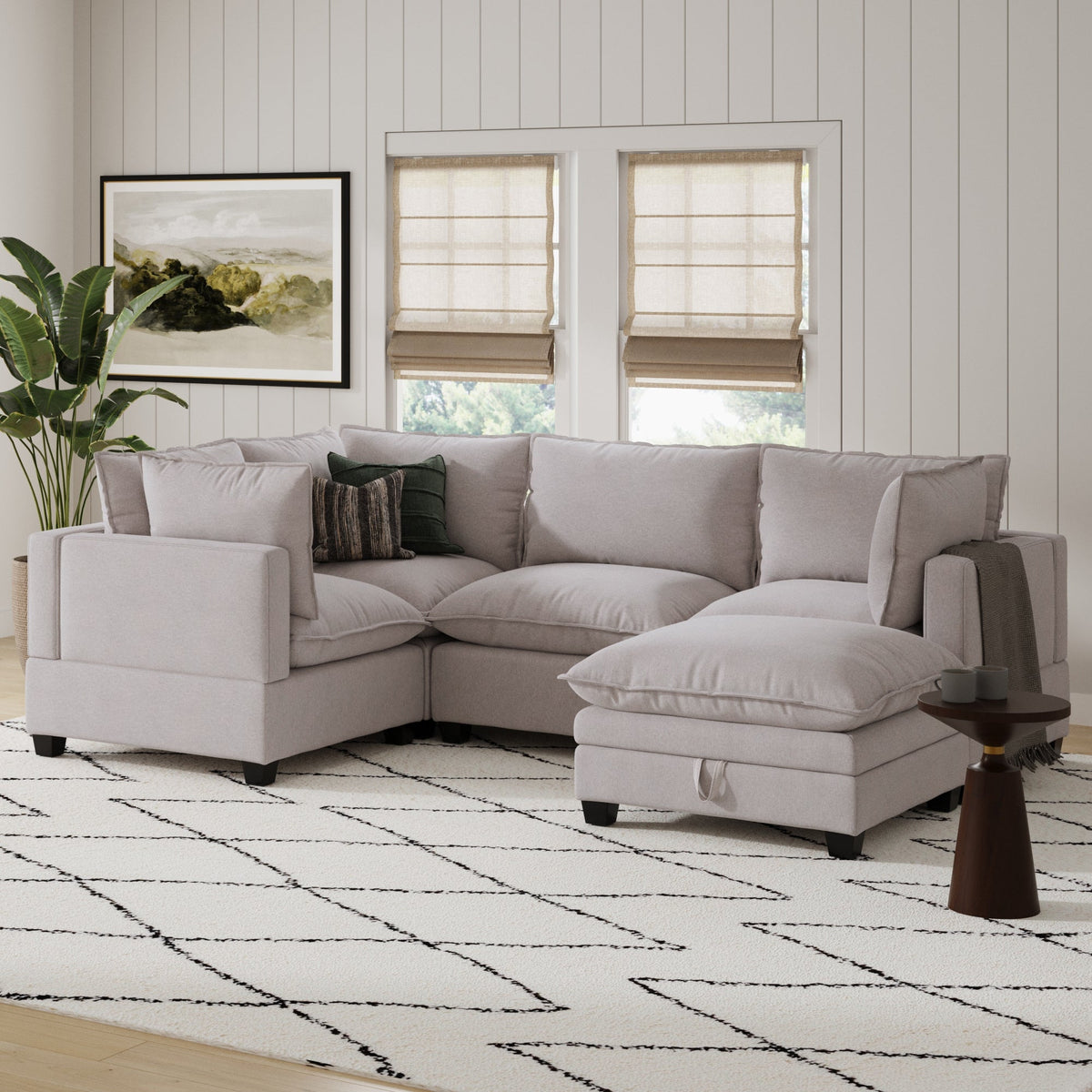 Soft Fabric 4-Seat Sectional Cloud Sofa Couch & Storage Ottoman Gray