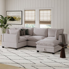 Soft Fabric 4-Seat Sectional Cloud Sofa Couch & Storage Ottoman Gray
