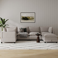 Soft Fabric 5-Seat Sectional Cloud Sofa Couch & Storage Ottoman Gray