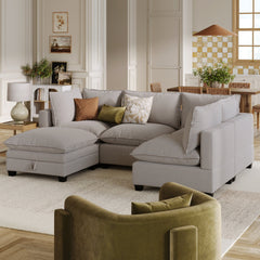 Soft Fabric 4-Seat Cloud Armless Sectional Sofa Couch & Storage Ottoman Gray