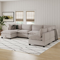 Soft Fabric 6-Seat Cloud Armless Sectional Sofa Couch & Storage Ottoman Gray