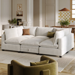 Corduroy 6-Piece Cloud Pit Sofa Couch Pearl White