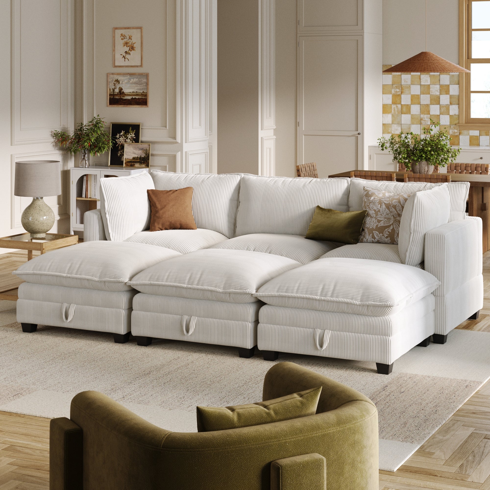 Corduroy 6-Piece Armless Cloud Pit Sofa Couch Pearl White