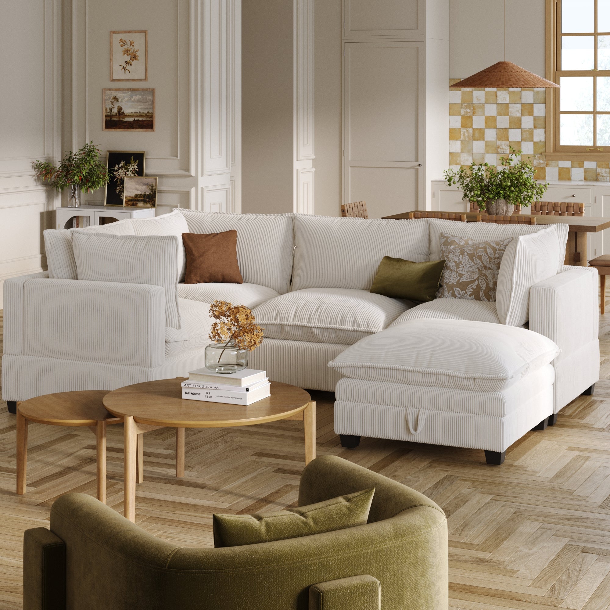 Corduroy 4-Seat Sectional Cloud Sofa Couch & Storage Ottoman Pearl White