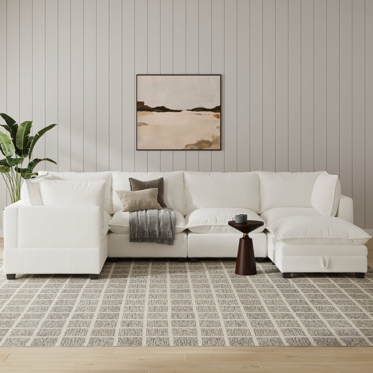 Corduroy 5-Seat Sectional Cloud Sofa Couch & Storage Ottoman Pearl White