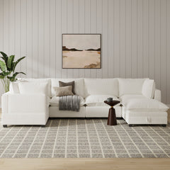 Corduroy 5-Seat Sectional Cloud Sofa Couch & Storage Ottoman Pearl White