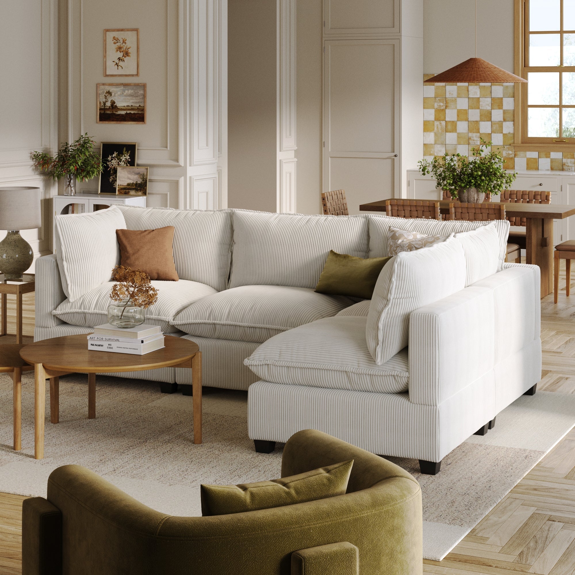 Corduroy 4-Seat Cloud Armless Sectional Sofa Couch Pearl White