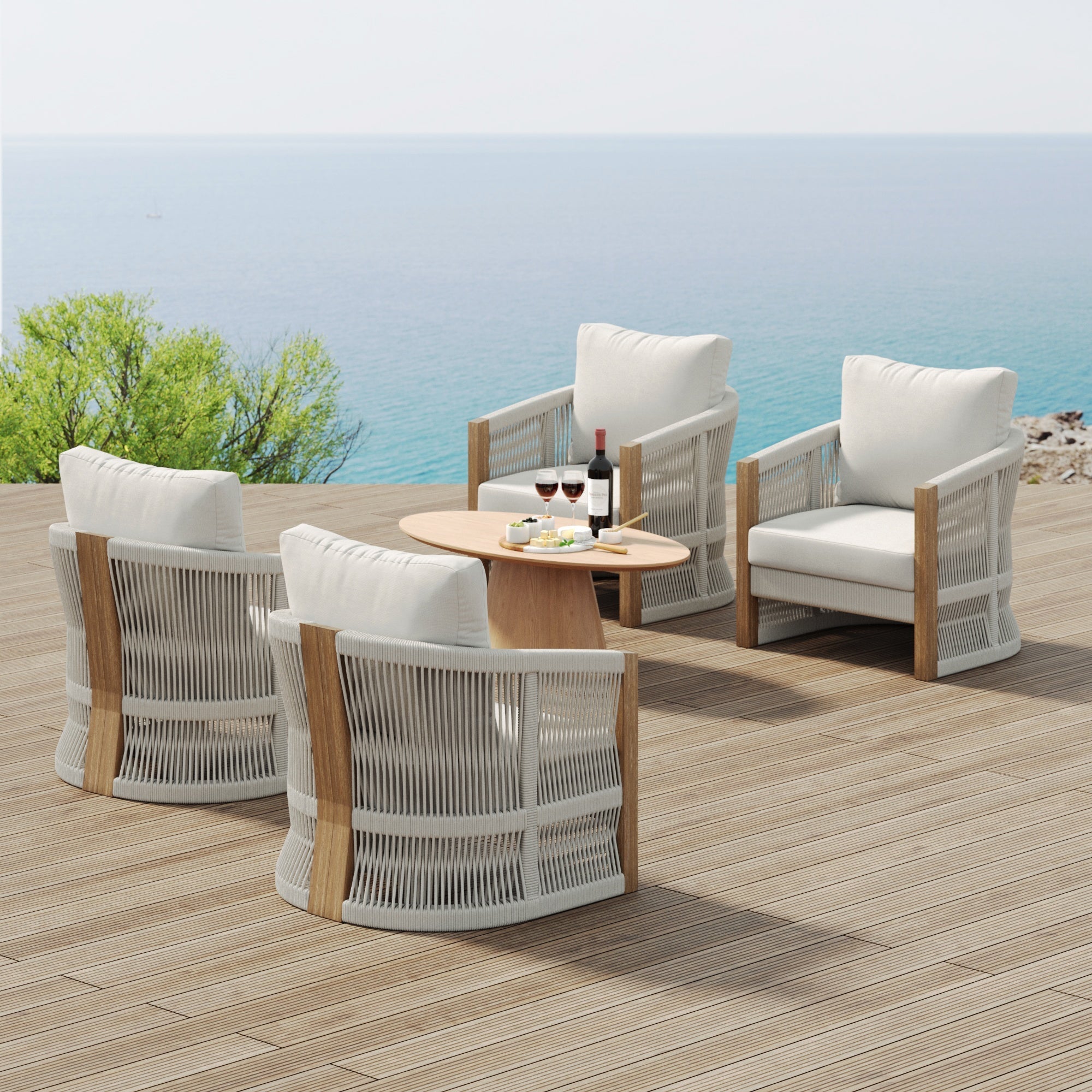 Outdoor Wood Rope Patio Arm Chairs Gray (Set of 4)