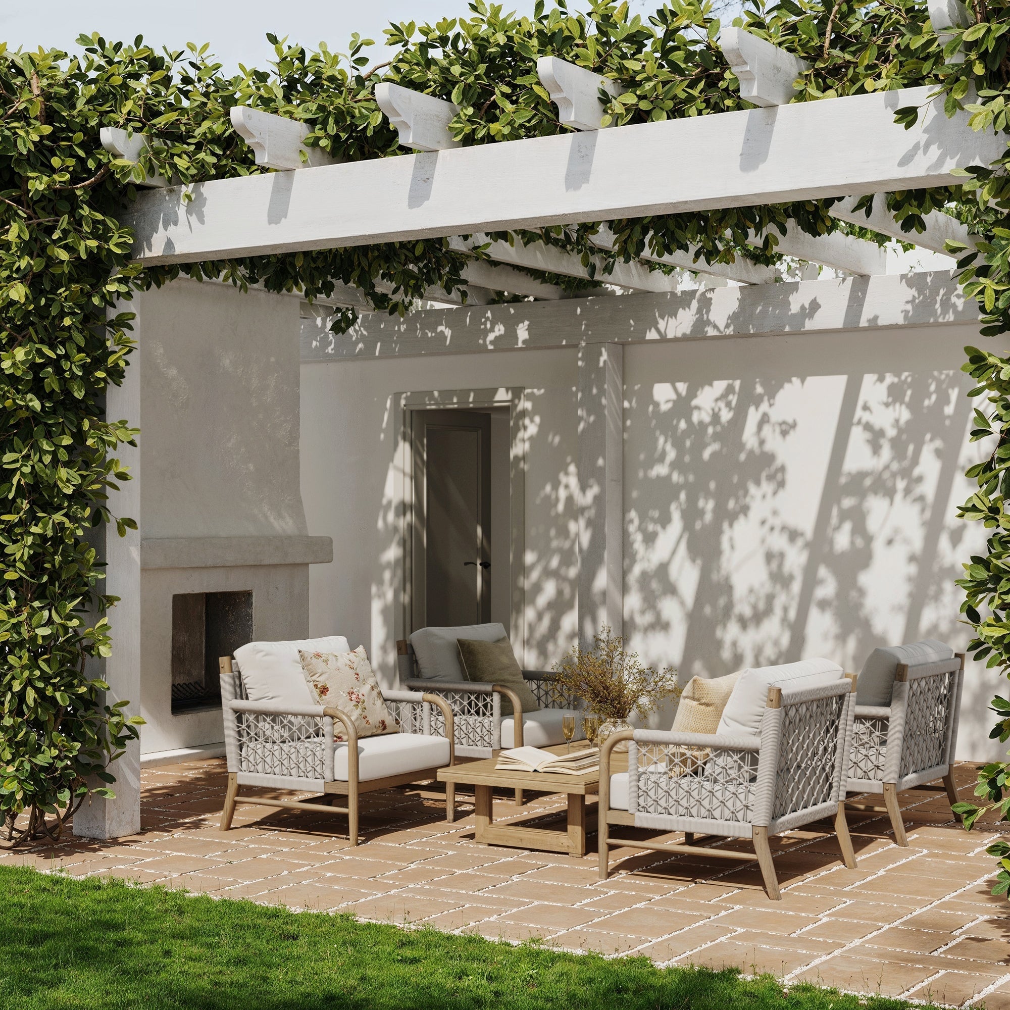 Outdoor Patio Wood Rope Arm Chairs Gray Oak (Set of 4)