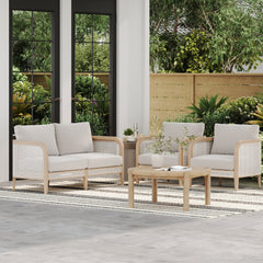 Outdoor 4 Piece Wood Set Rattan with Round Patio Table