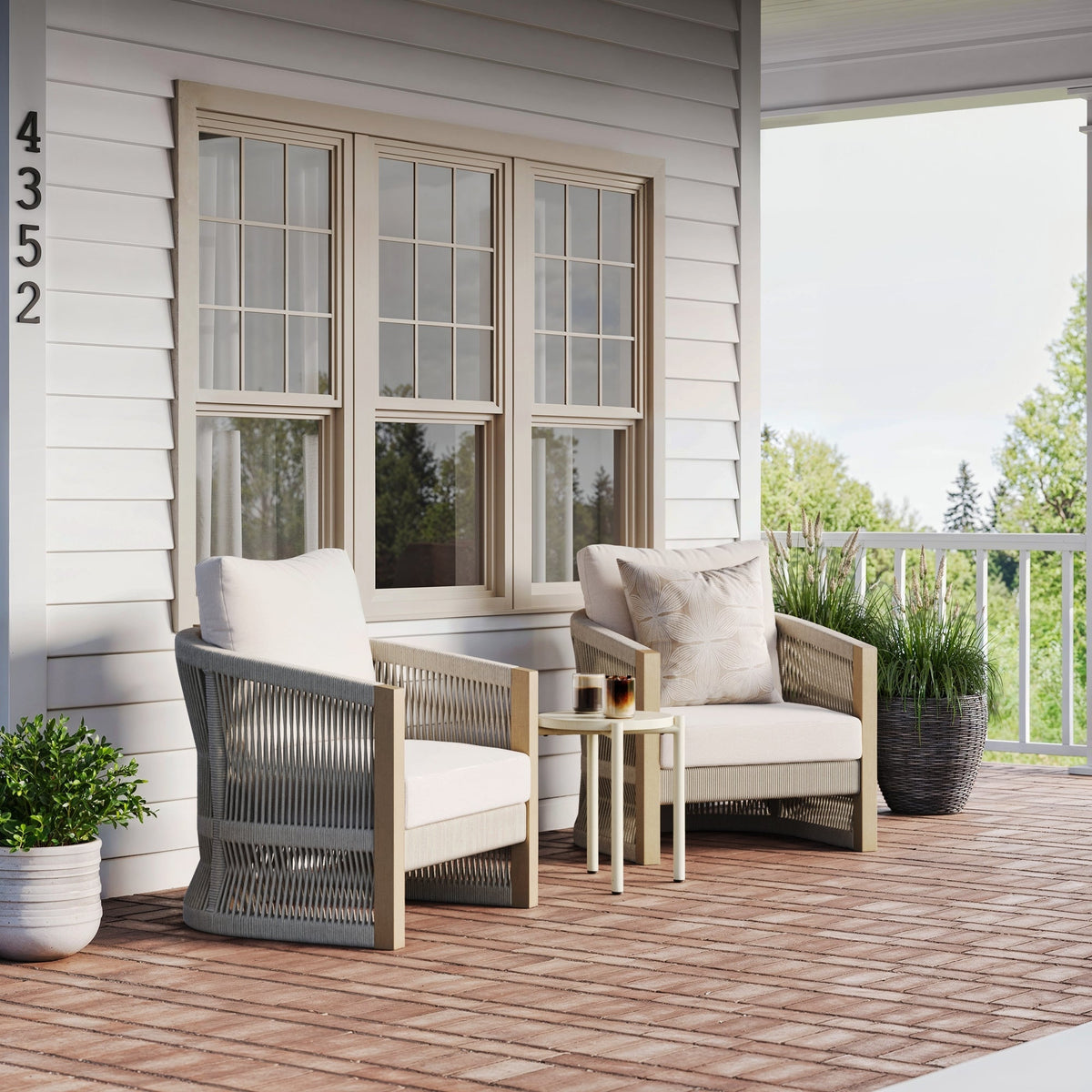 Outdoor Wood Rope Patio Arm Chairs Ash White (Set of 2)