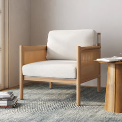 Solid Wood Boucle Accent Chair Rattan Arm Cream/Raw Oak