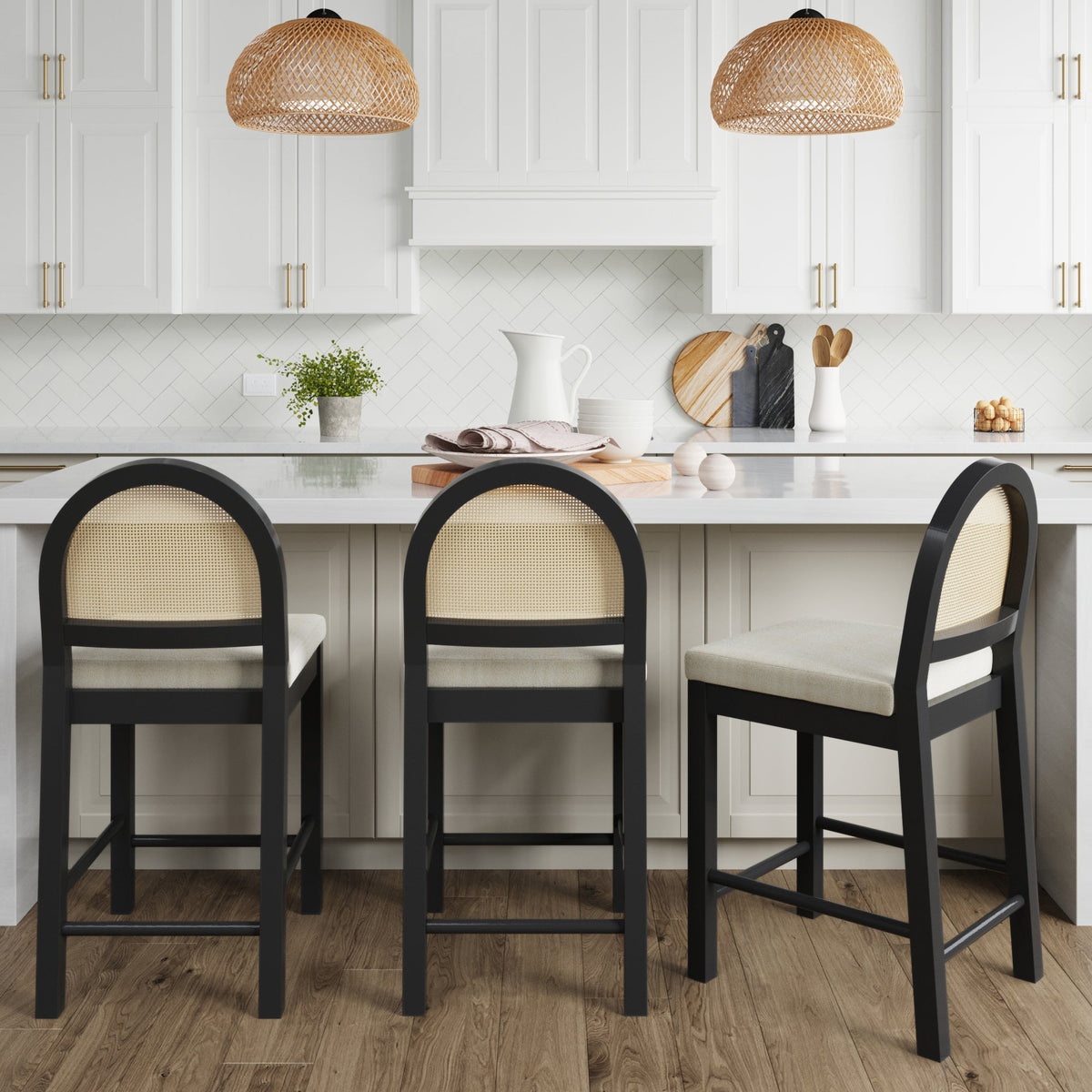 Boucle & Rattan Counter Height Bar Stools Black (Set of 3)