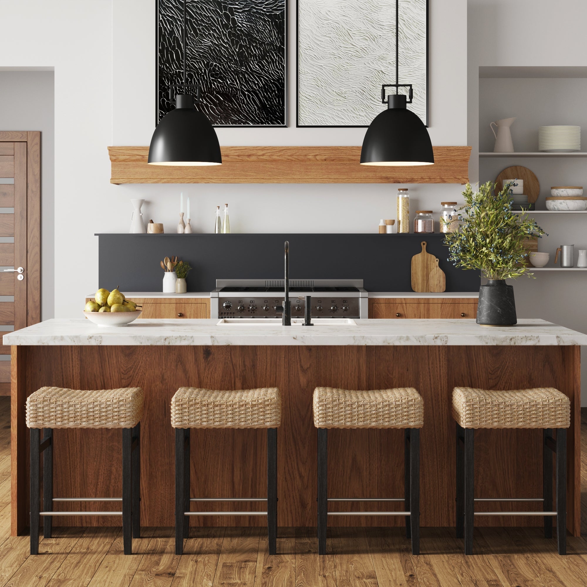 Woven Seagrass Counter Height Bar Stool Black