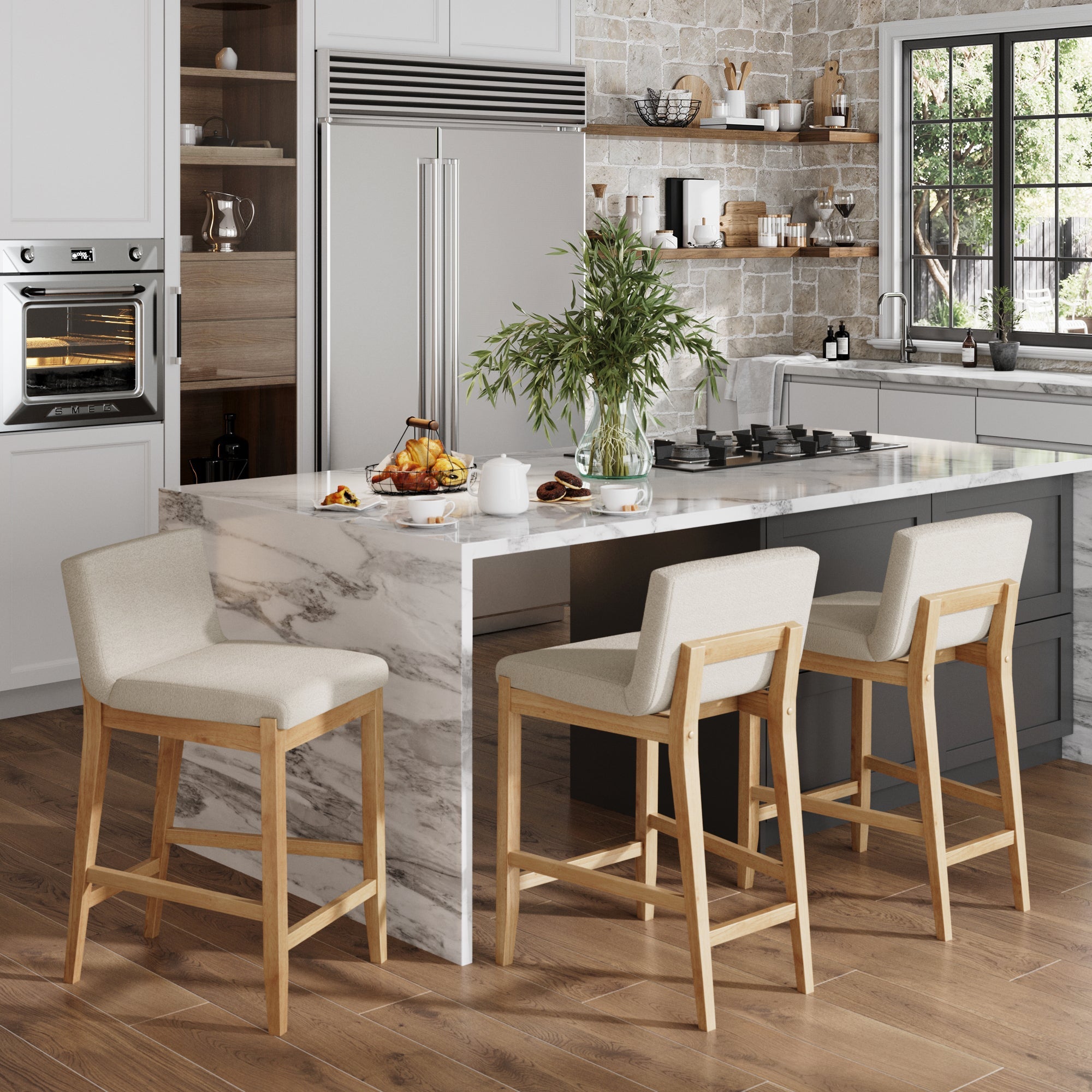 Boucle Counter Height Bar Stools Warm Pine (Set of 3)