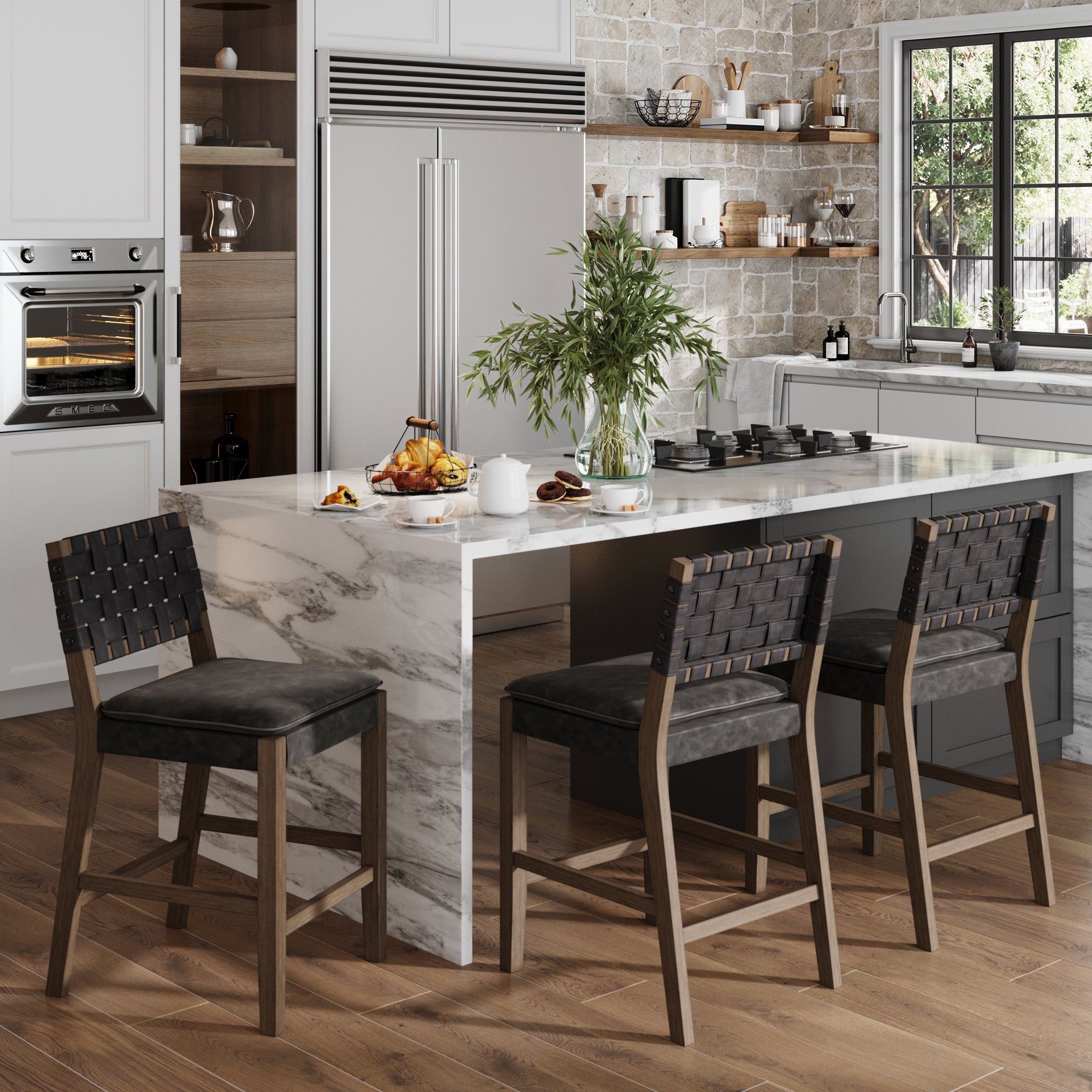 Faux Leather Woven Counter Height Bar Stools Black (Set of 3)