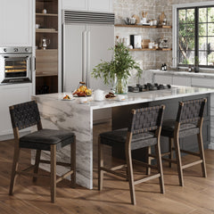 Faux Leather Woven Counter Height Bar Stools Black (Set of 3)