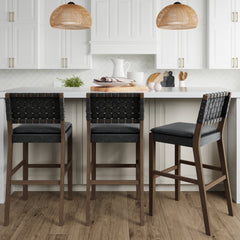 Faux Leather Woven Bar Stools Black (Set of 3)