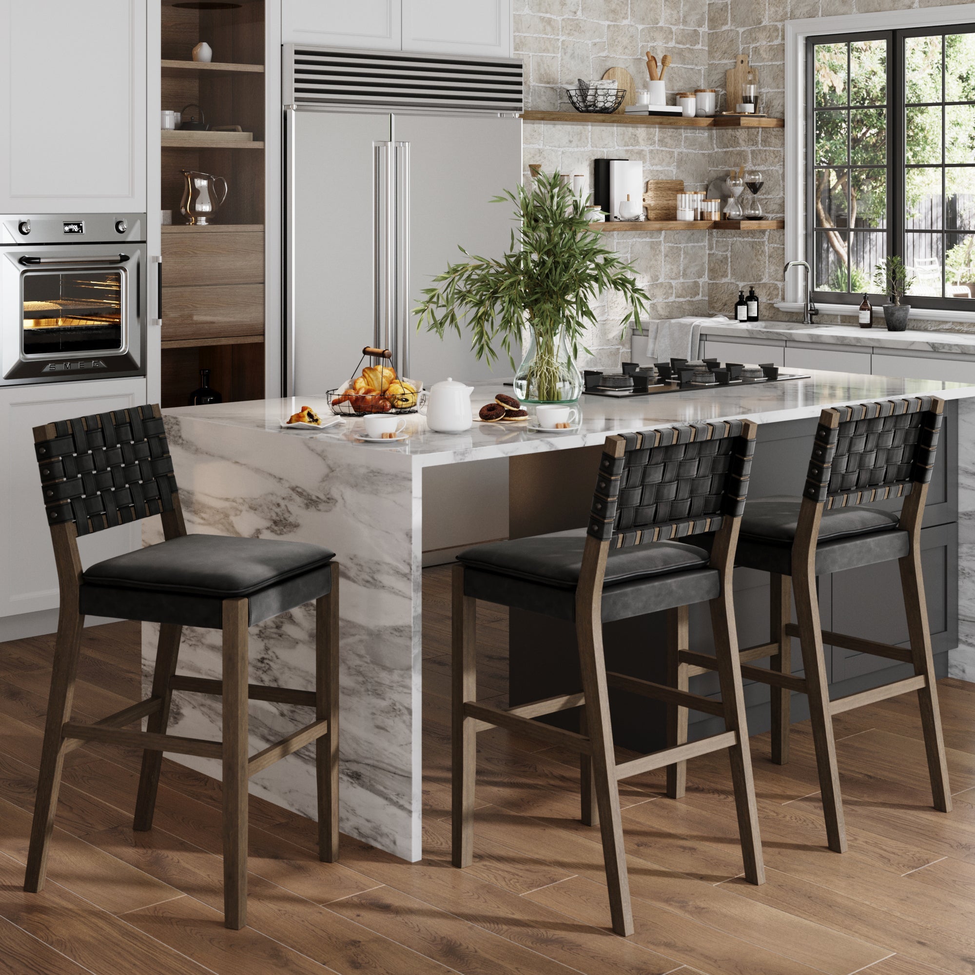 Faux Leather Woven Bar Stools Black (Set of 3)