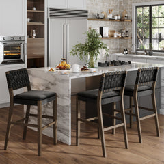 Faux Leather Woven Bar Stools Black (Set of 3)