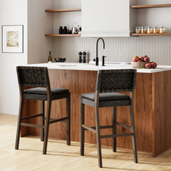 Faux Leather Woven Bar Stool Black