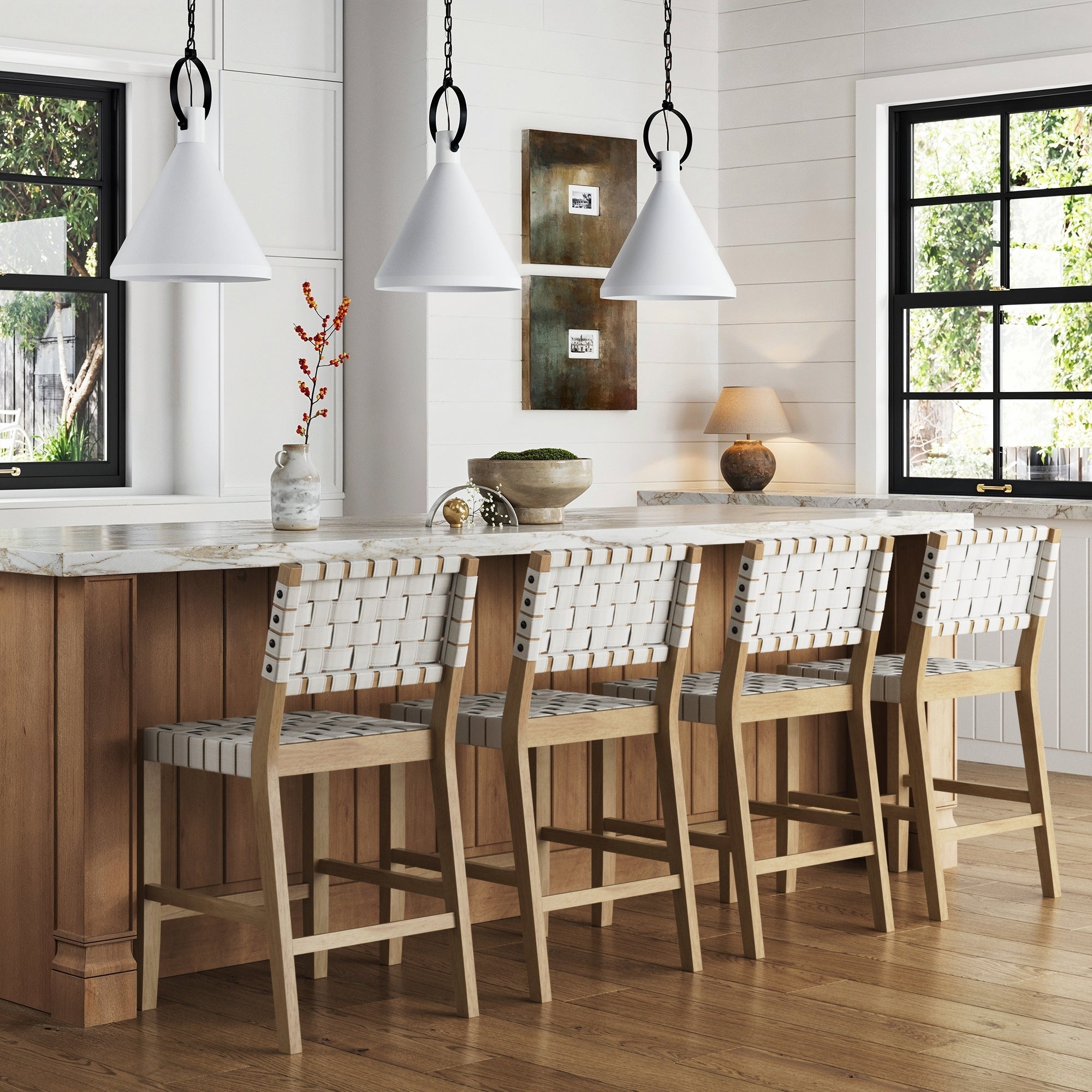Faux Leather Woven Counter Height Bar Stools Off White (Set of 4)