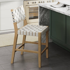 Faux Leather Woven Counter Height Bar Stool Off White