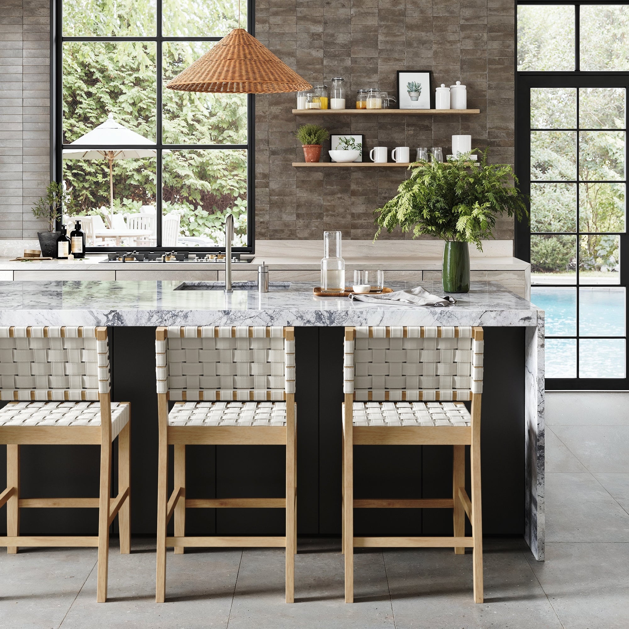 Faux Leather Woven Counter Height Bar Stool Off White