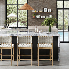 Faux Leather Woven Counter Height Bar Stool Off White