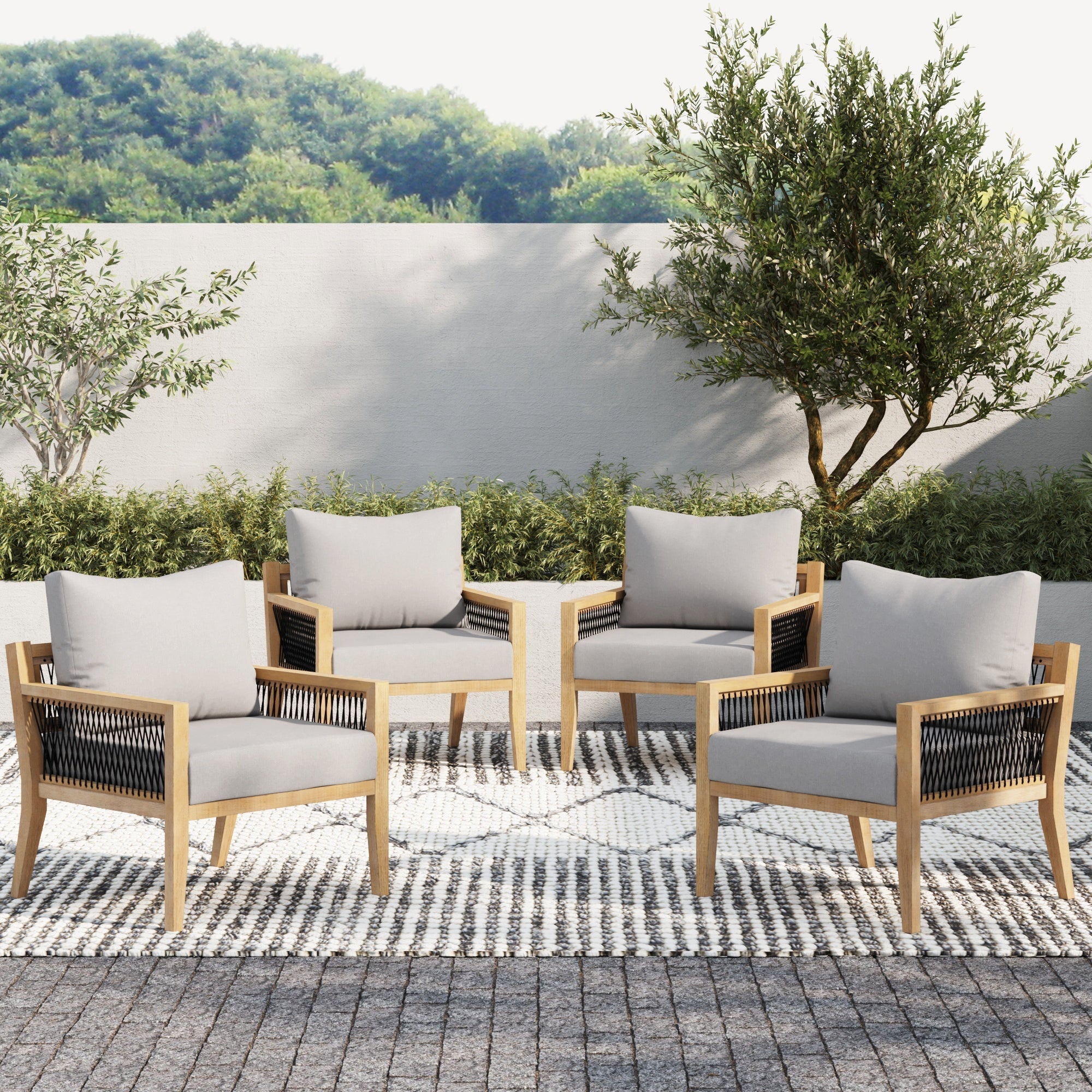 Outdoor Wood Patio Arm Chairs Gray Acacia (Set of 4)