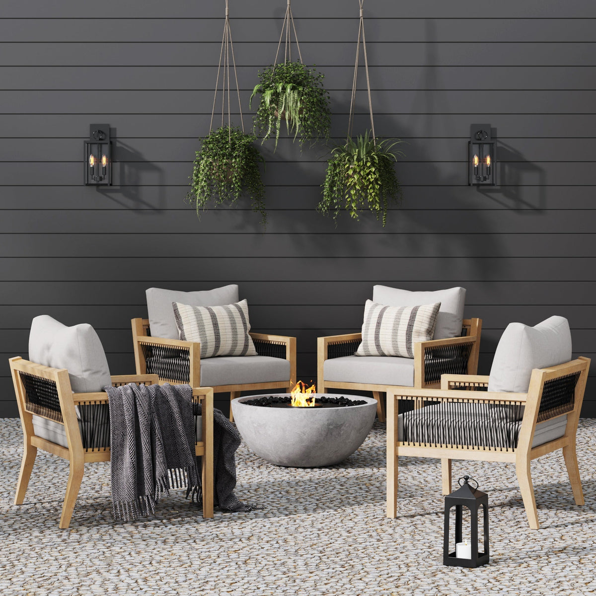 Outdoor Wood Patio Arm Chairs Gray Acacia (Set of 4)
