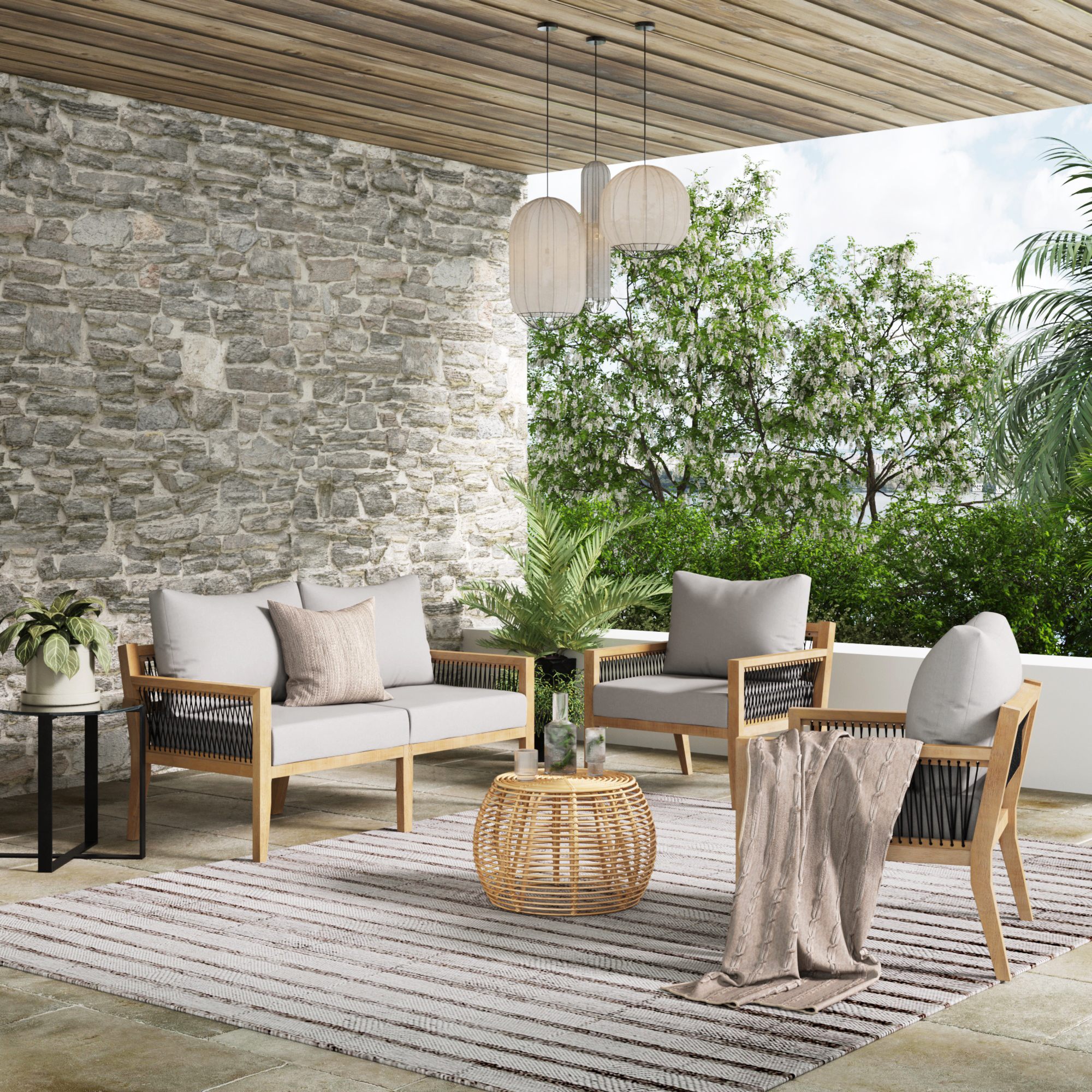 Outdoor Solid Wood Patio Loveseat Gray Acacia