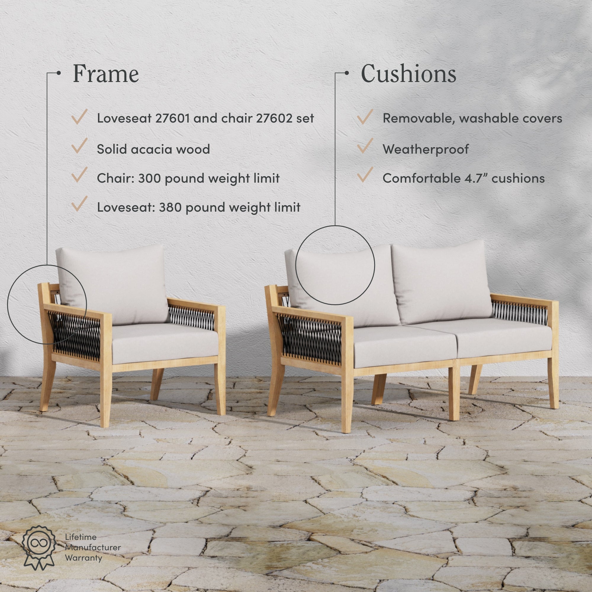 Outdoor 3 Piece Wood Patio Set Acacia Loveseat and Chairs