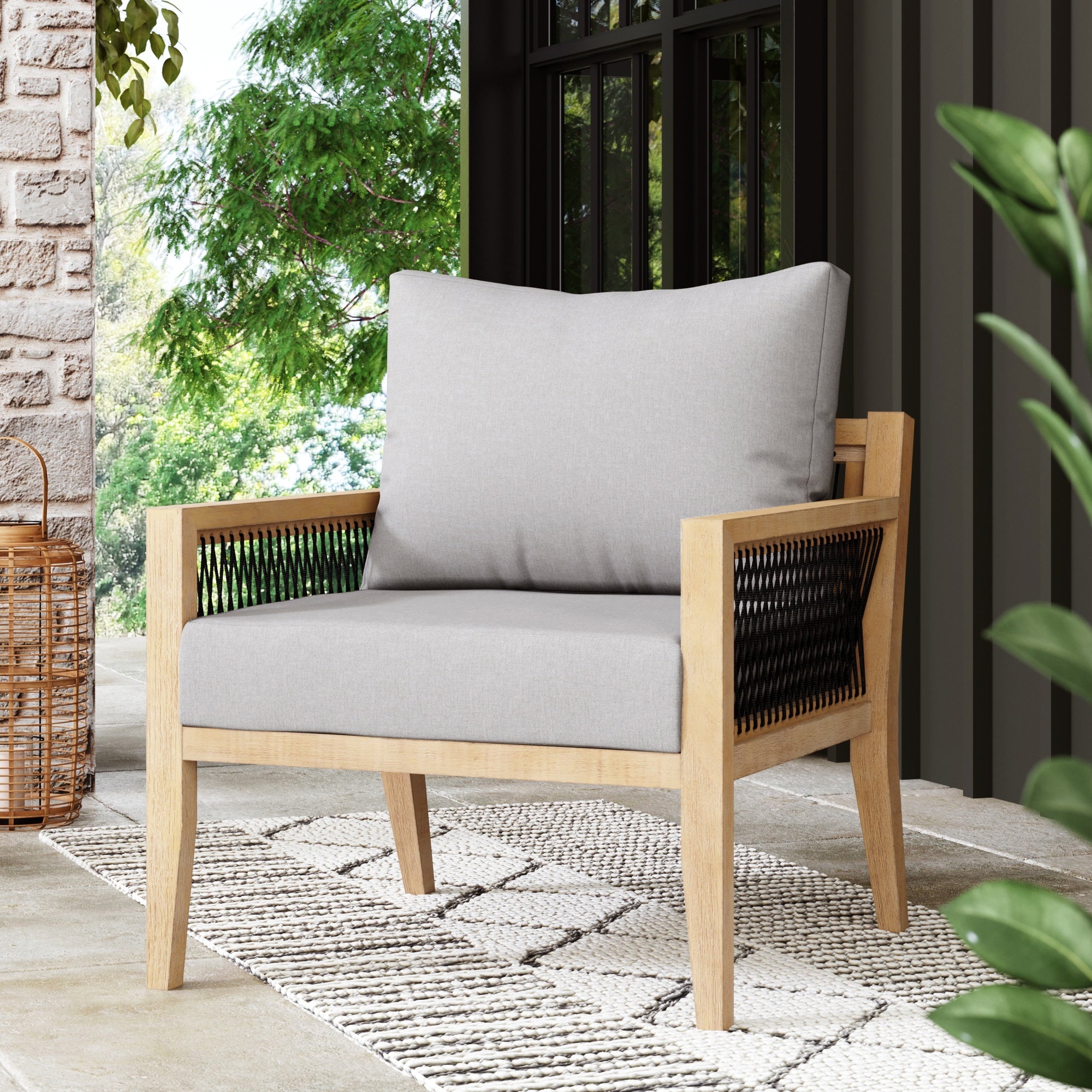 Outdoor Wood Patio Arm Chairs Gray Acacia (Set of 4)
