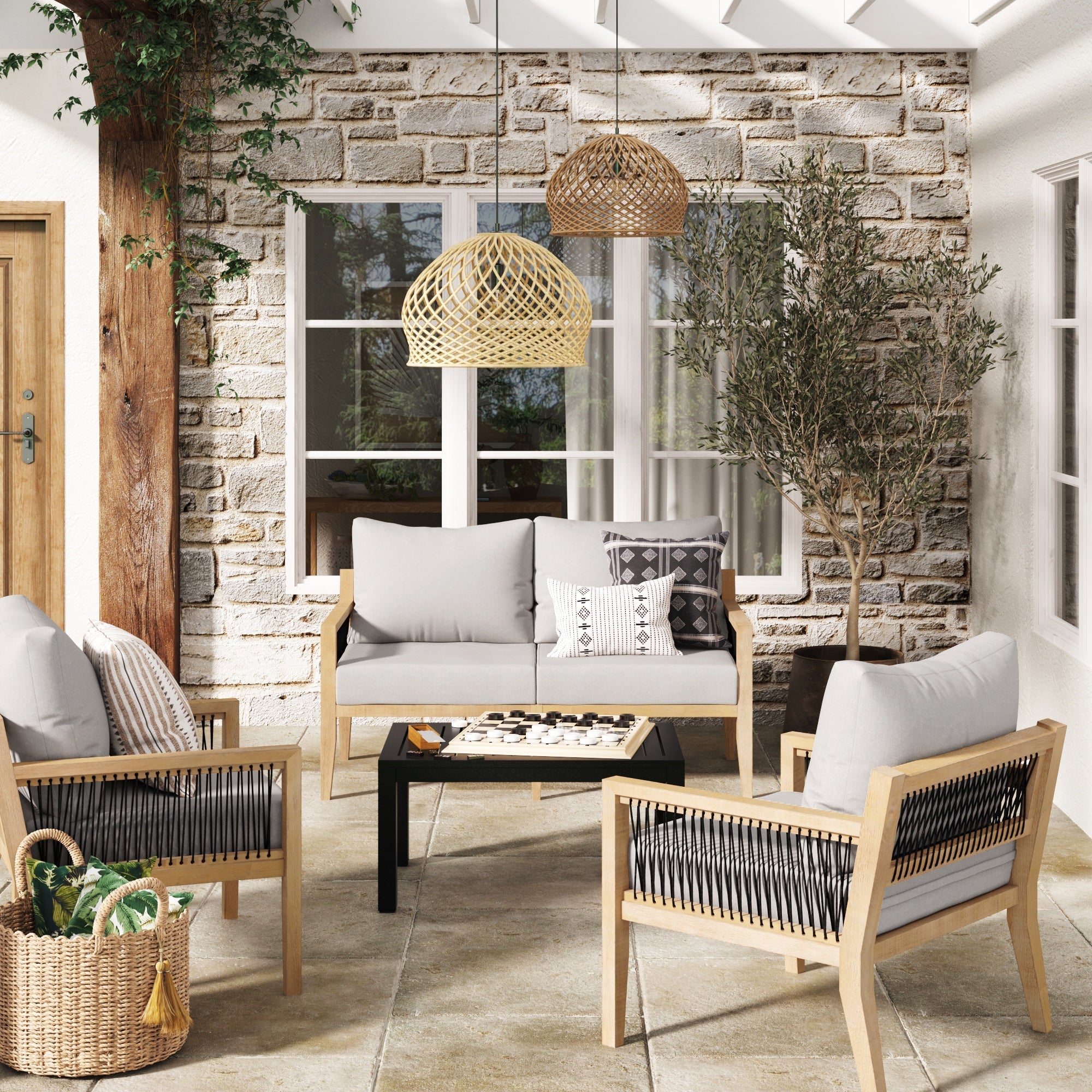 Outdoor 4 Piece Wood Patio Set Acacia Chairs