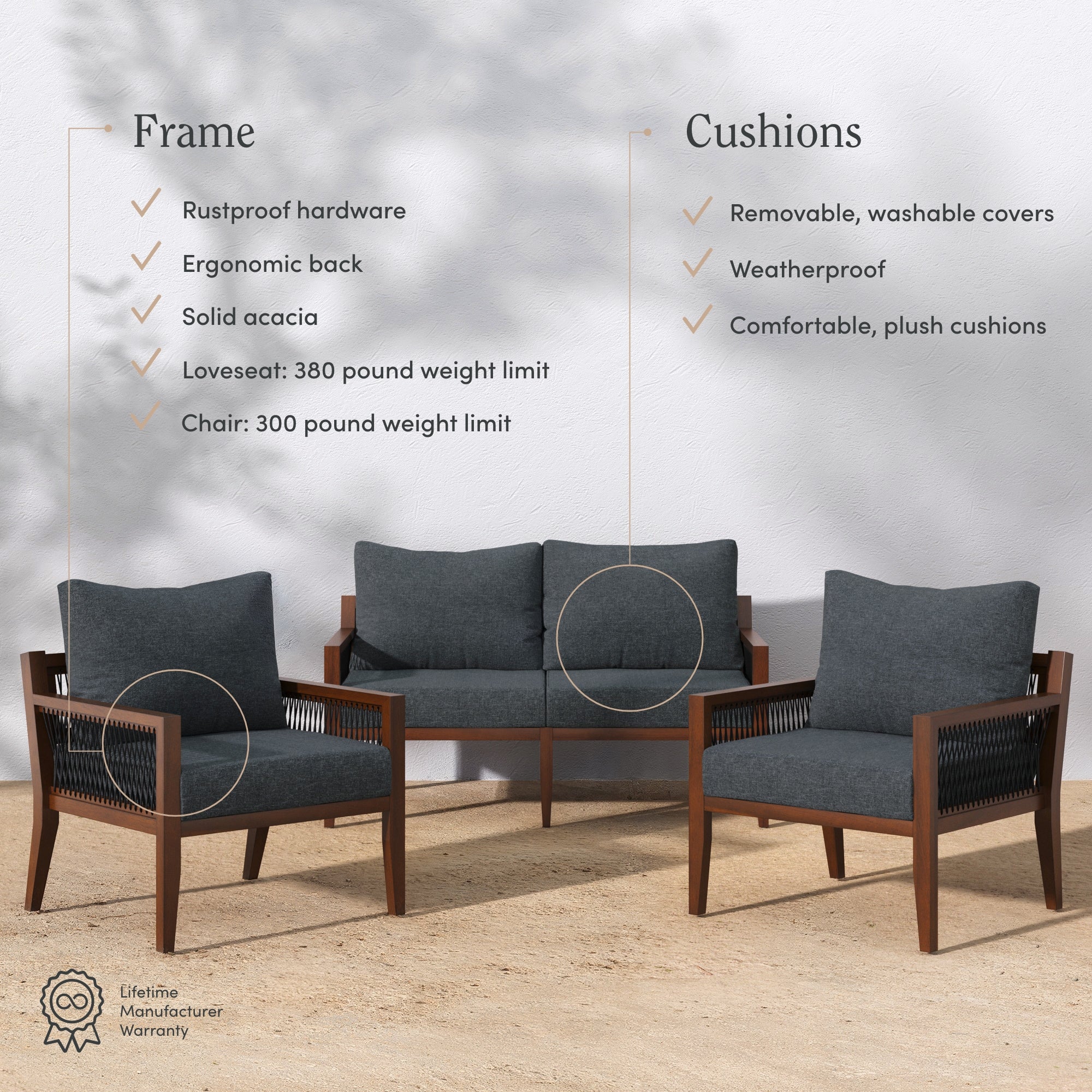 Outdoor 3 Piece Wood Patio Set Loveseat and Chairs