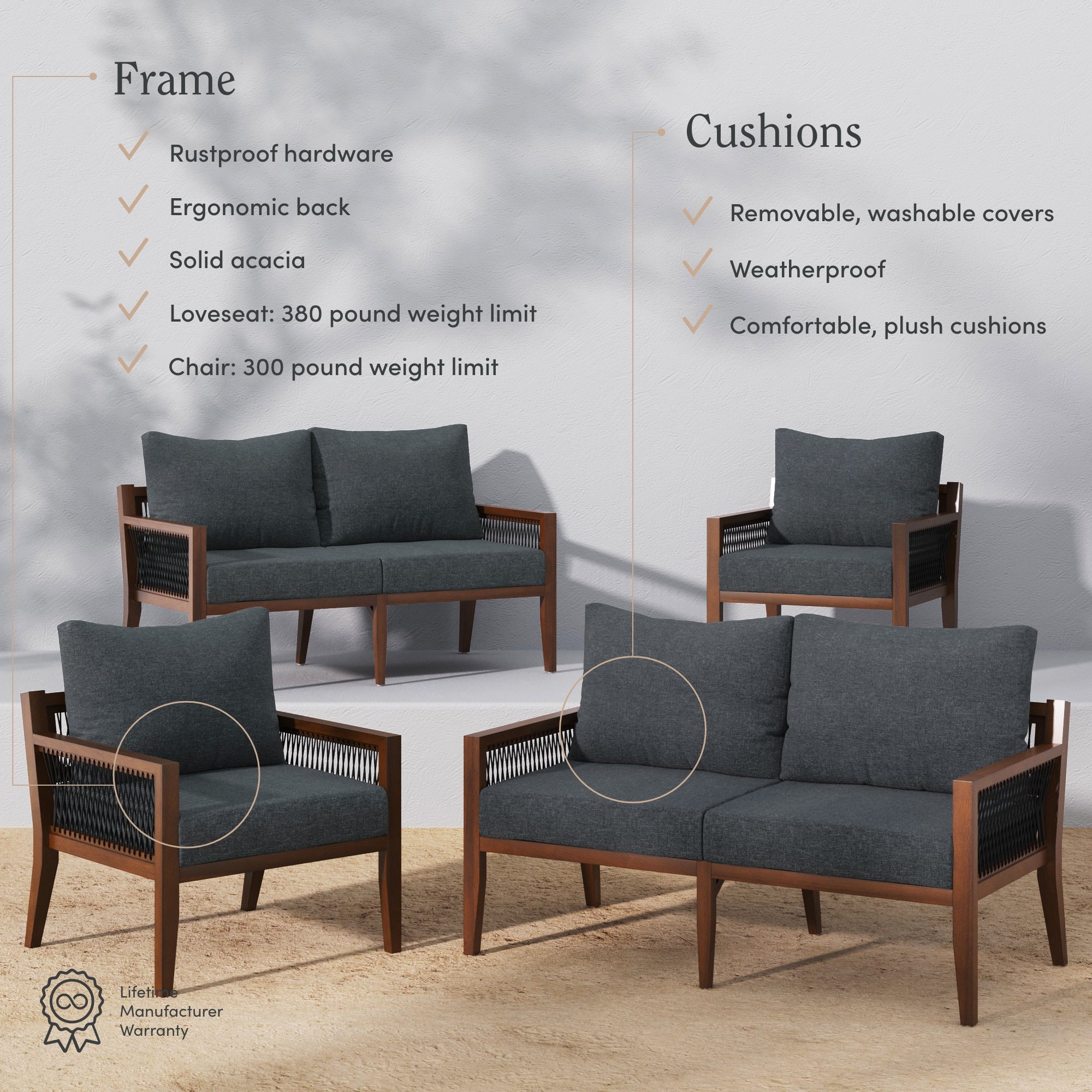 Outdoor 4 Piece Wood Patio Set Loveseats and Chairs