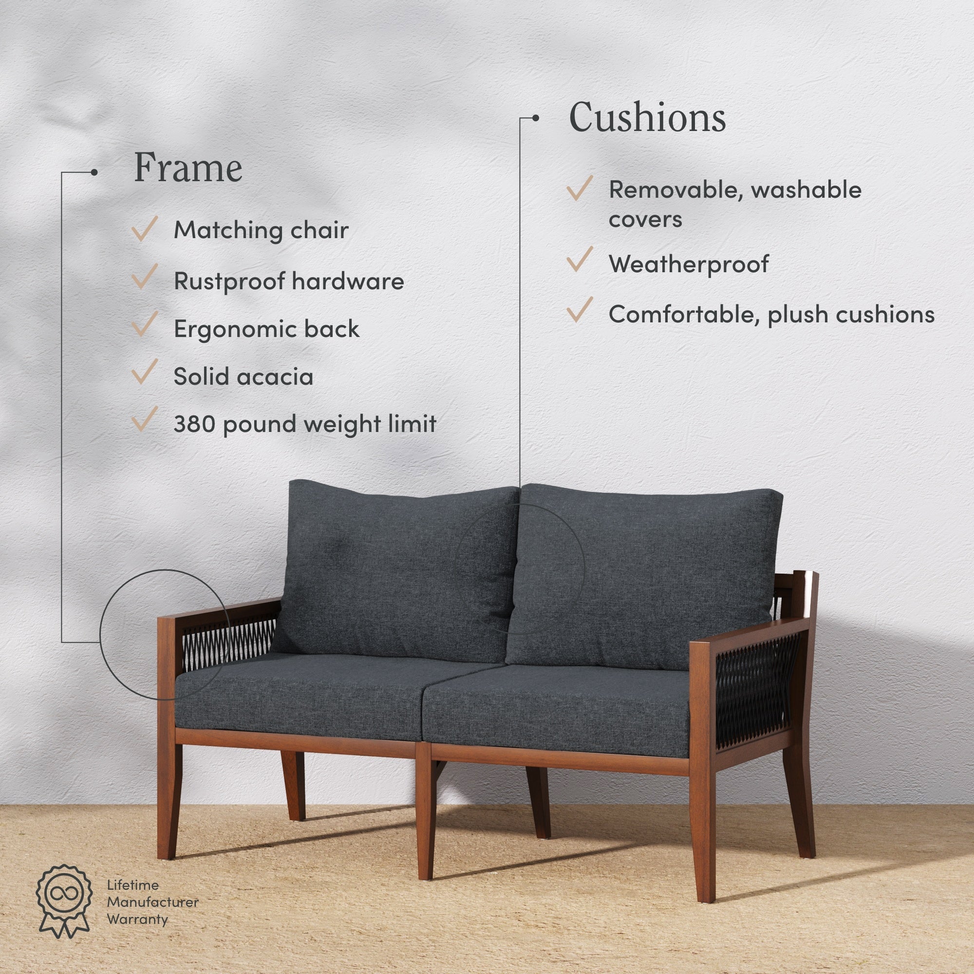 Outdoor Wood Patio Loveseat Gray Dark Acacia
