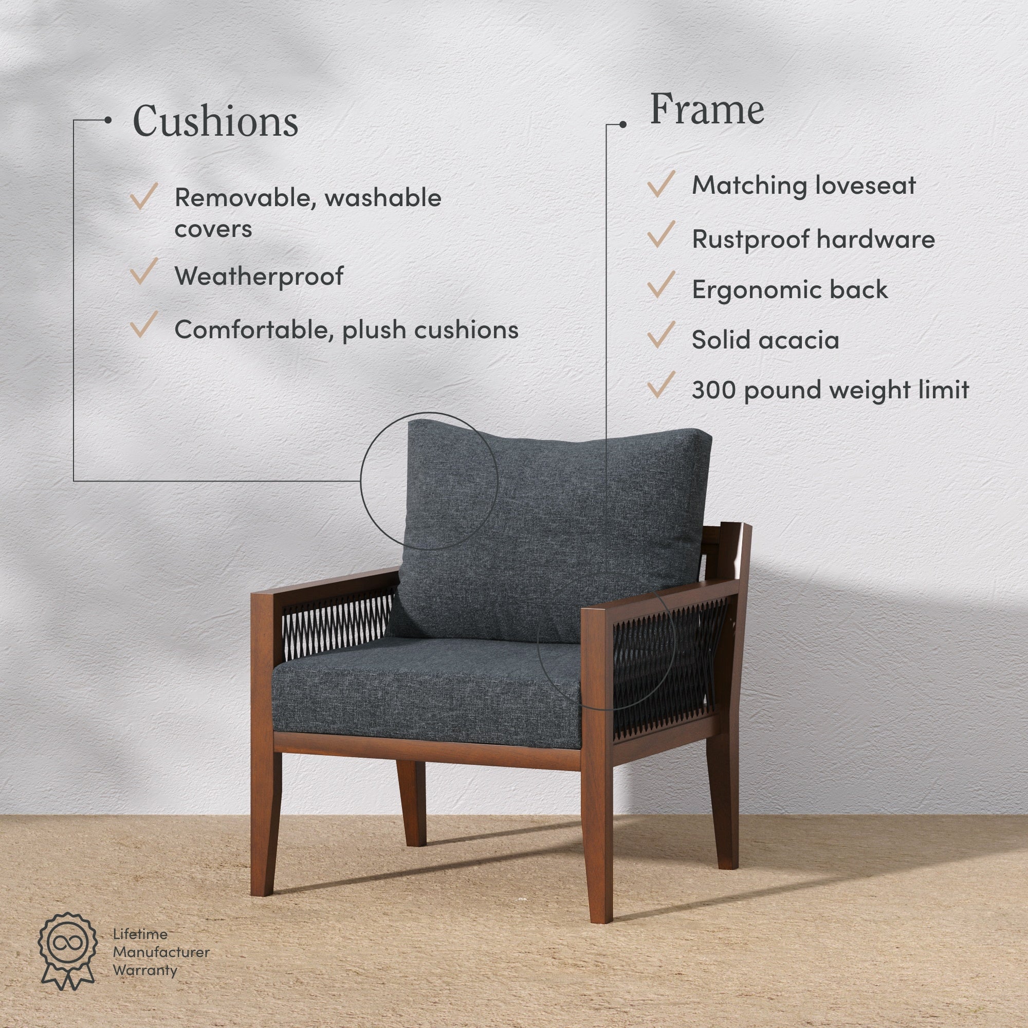 Outdoor Patio Wood Arm Chair Gray Dark Acacia