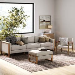 Soft Fabric 3-Seat Wood Frame Sofa Couch & Storage Ottoman Gray