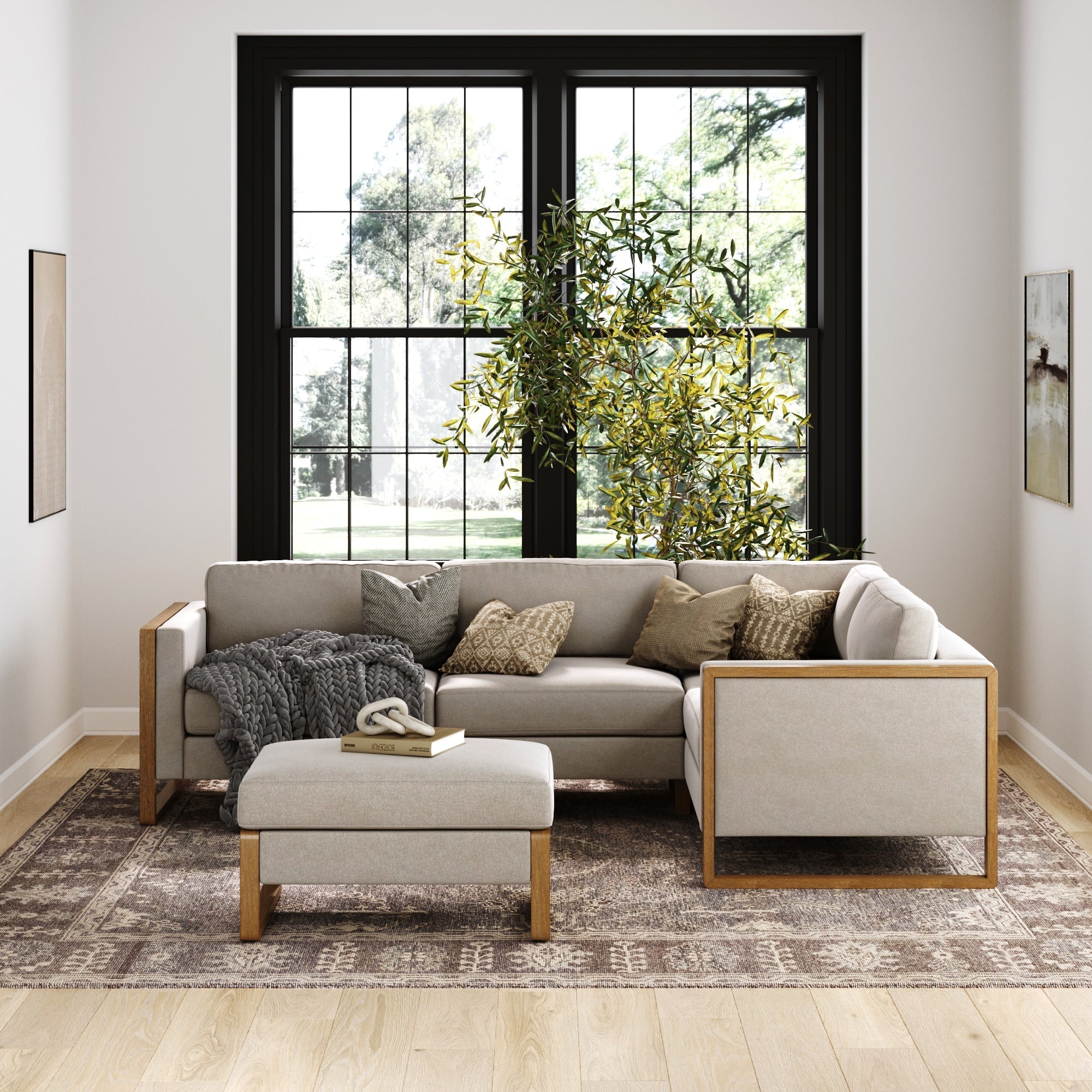 Soft Fabric 4-Seat Wood Frame Sectional Sofa Couch & Storage Ottoman Gray