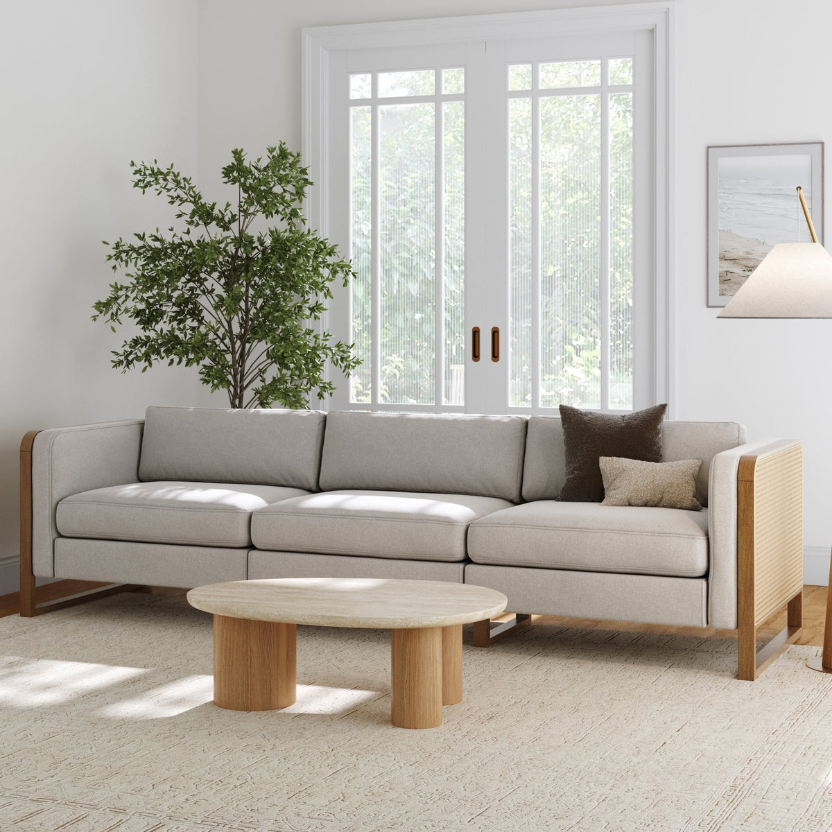 Boho 3-Seater Sofa Solid Wood Legs & Rattan Arm Gray