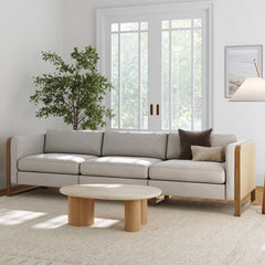 Boho 3-Seater Sofa Solid Wood Legs & Rattan Arm Gray
