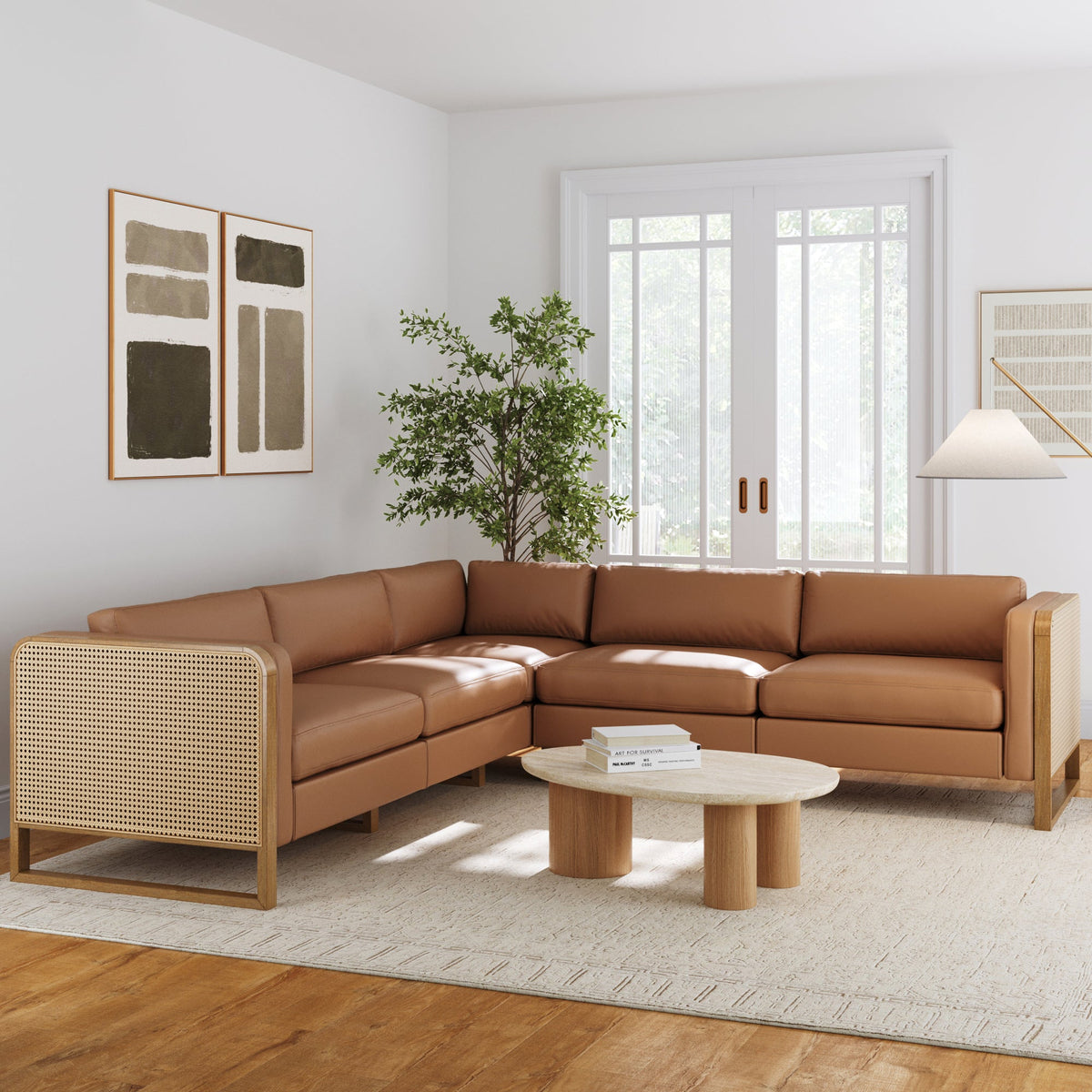 Boho 5-Seat Sectional with Wood Frame & Rattan Arm Camel