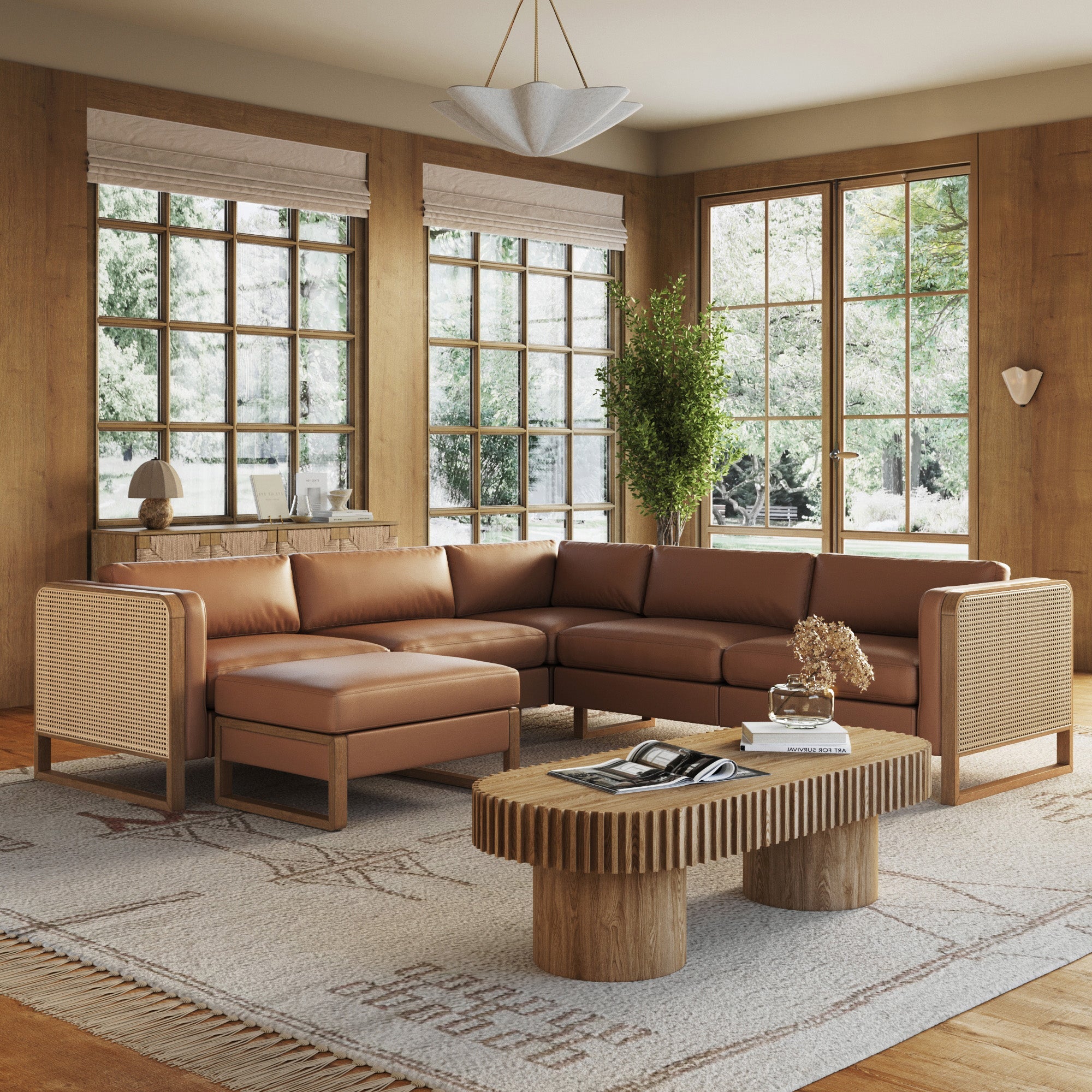 Rattan 5-Seat Sectional with Ottoman Set Wood Frame Camel