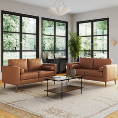 Mid-Century Tufted Leather Loveseat Sofa Camel